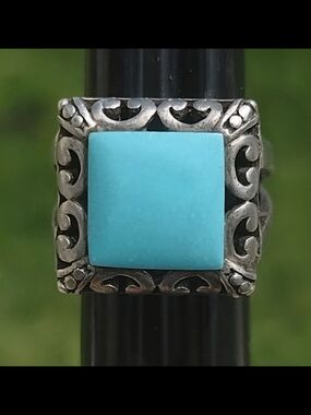 Handcrafted Sterling Silver Turquoise Blue Type Stone Square Ring Size 6.5